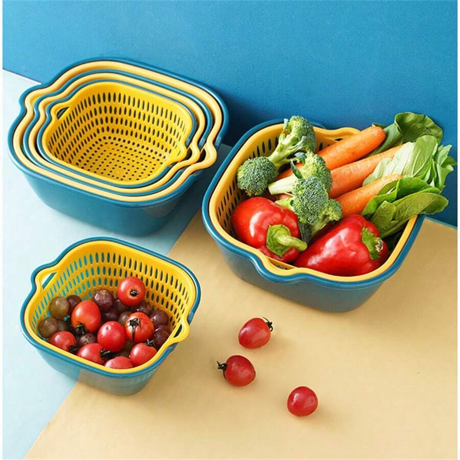 加厚双层沥水篮六件套洗菜盆厨房多功能客厅家用水果盆洗水果蔬菜篮微瑕