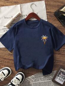 1pc Girls Oversized Palm Tree Print Pullover Navy Blue Short Sleeve T-Shirt, Student Youth Clothing Perfect For Beach Playtime In Summer - Navy Blue - View 4