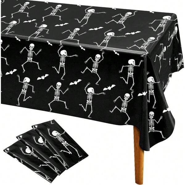 3pcs Halloween Black & White Disposable Skull Plastic Tablecloth 137*274cm Plastic, Rectangle, Halloween Tablecloth For Ghost Theme Party Home Decoration, Indoor & Outdoor Available.