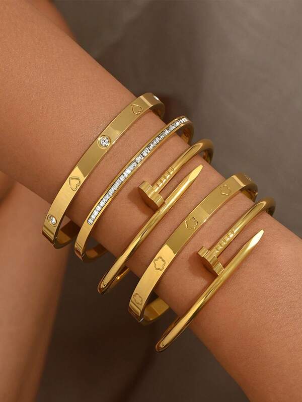1pc/4pcs Fashionable Elegant Minimalist Stainless Steel Gold-Tone Bracelet Set, Embellished With Rhinestones, Clover, Heart Nail, 18K Gold Plated, Suitable For Daily And Party Wear