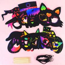 Set de 8 piezas Kit de máscaras de arañazos de Halloween DIY con papel de rascar arcoíris, máscaras y lápices de madera con cintas para decoración de fiestas de Halloween