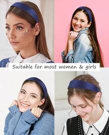 Wecoe Brown Satin Headband Women 1.6 Inch Wide Silk Headband Non Slip Fashion Neutral Colors Plain Hair Band DIY Holiday Hair Accessories For Women Girls Diademas Para Mujer Gifts - 藏蓝色 - 查看 4