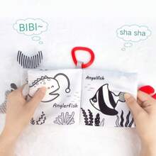 1pc Black & White & Grey Sea Animals Printed Fabric Book, Sponge Filling Soft Touch Baby Book, Suitable For Ages 0-6 Months, 3d High Contrast Soft Cloth Book, Washable Infant Early Educational Book