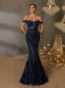 Faeriesty Elegant One-Shoulder Evening Gown With Back-Tie Closure & Mermaid Hemline Dramatic Train, And Luxurious Embellishments For Award Ceremonies, High-Fashion Weddings