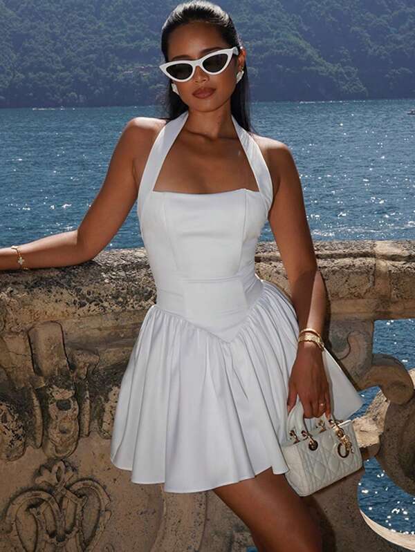 All-White Halterneck Street Sexy Backless Dress Vacation A Hem Slim Frilled Hem Dress