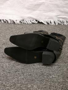 Botas de moda para mujeres, botas de montar de tacón ancho negro, puntera cuadrada, con remaches vintage, de caña alta, botas vaqueras versátiles francesas para mujer de estatura baja