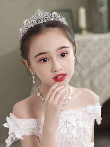 4pcs/Set Girls Kids Rhinestone Tiara Crown + Necklace + Earrings Luxury Jewelry Set, Suitable For Stage Performance, Party, Birthday, Holiday Dress Up, Fits Toddlers And Older Children