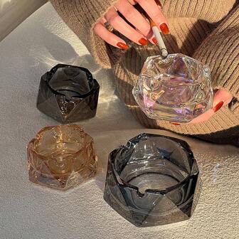 1pc Transparent/Colored/Blue/Amber/Gray Glass Ashtray, Lightweight Luxury Polygonal Ashtray For Home, Outdoor, KTV, Bar, Hotel, Commercial Use