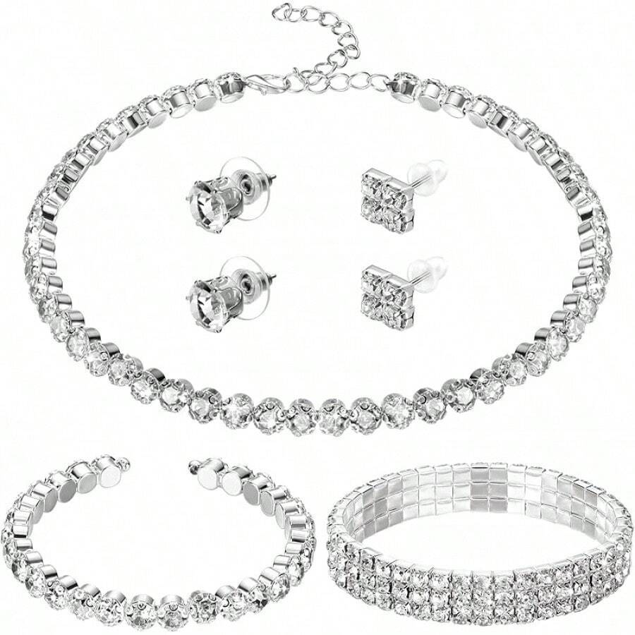 Glenmal Pearl Rhinestone Jewelry Set For Women Pearl Necklace Bracelet Earrings For Wedding Birthday Bridal Shower Tea Party - 清新風格 - 查看 1