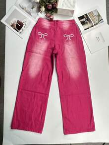 宽松直筒牛仔裤 | 刺绣后袋艺术 - 中紫紅色 - 查看 7