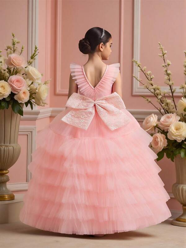 Vestido formal elegante para niñas preadolescentes con cuello en V largo, satén de malla y lazo en la espalda, adecuado para asistir a banquetes, sin accesorios para el cabello