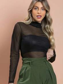 Women's Long Sleeve Transparent Tulle Bodysuit - 黑色 - 查看 1