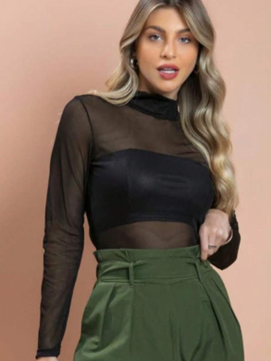 Women's Long Sleeve Transparent Tulle Bodysuit - 黑色 - 查看 1