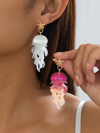 1 Pair Ombre Starfish & Jellyfish Acrylic Earrings, Fashionable Sweet Versatile Ocean Theme Earrings, Suitable As Gift For Valentine's Day, Mom, Mother's Day