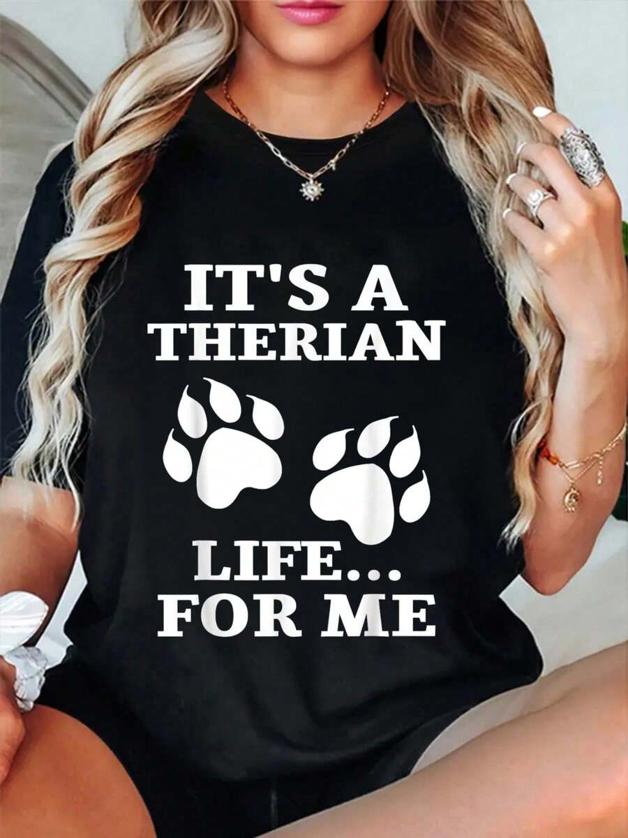 100% Cotton It's A Therian Life For Me Alter WolfKin Otherkin Therian T-Shirt Women's Men's Oversized Comfort Soft Crew Neck Tee Tops - Black - View 1