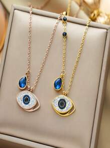 1 Collier œil de Diable Mode Acier au Titane Strass Bleu Chaîne Clavicule Style Chaud Européen et Américain Design Personnalisé Mode Température Sentiments Haut de Gamme Porté au Quotidien par les Femmes