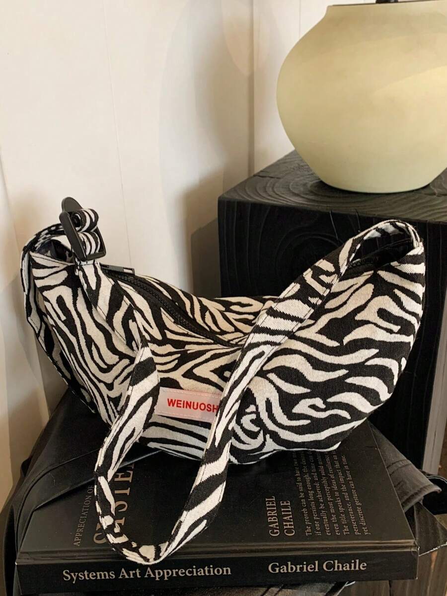 Fashionable Versatile Casual Zebra Print Crescent Crossbody Bag - Black - View 1