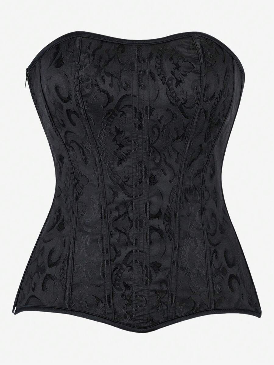 Overbust Corset Top Bustier, Strapless Form-Fitting Bodice With 11 Boning, Waist Cincher Slimming Top, Side Zipper, Stage Performance Costume - Black - View 1
