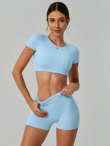 NcmRyu Women's Sexy Yoga Sports Fitness Running Training Outdoor Suit Set - 淺藍色 - 查看 1