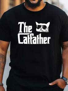 Camiseta de manga corta con estampado de gato para hombres de talla grande, cómoda y casual, con cuello redondo elástico, adecuada para actividades al aire libre de hombres. - Negro - Ver 10