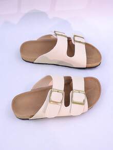 1 Pair Unisex Teenagers/Couples Metal Buckle Comfortable Flat Open Toe Sandals, Fashionable For Daily Wear - Beige - View 4