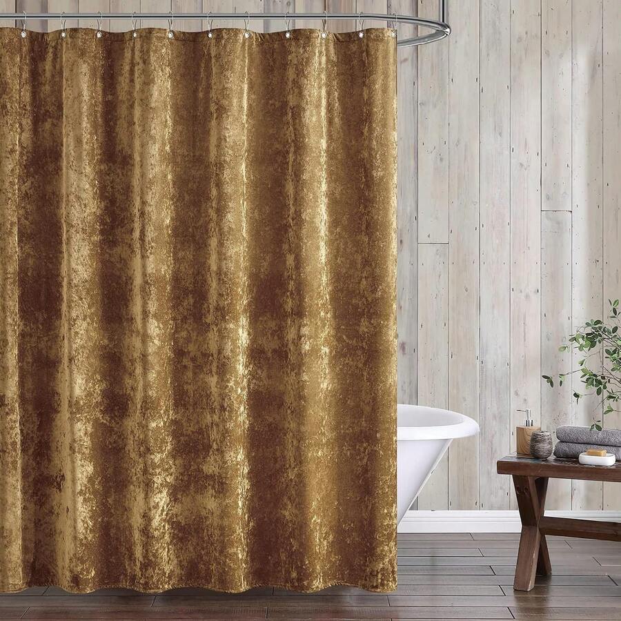 Distressed Velvet Shower Curtain Set, 13 Pieces Caramel Gold Including1 Piece 72"X72" Shower Curtain And 12 Pieces Silver Hooks - Gold - View 1