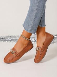 Damen elegante Loafers mit goldener Ketten-Dekoration, flache Lässig Schuhe geeignet für Frühling, Sommer, Herbst und Winter