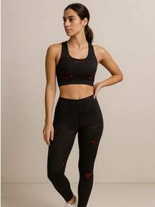 Women's Gym Set With Printed Leggings And Top - Black Red - View 1