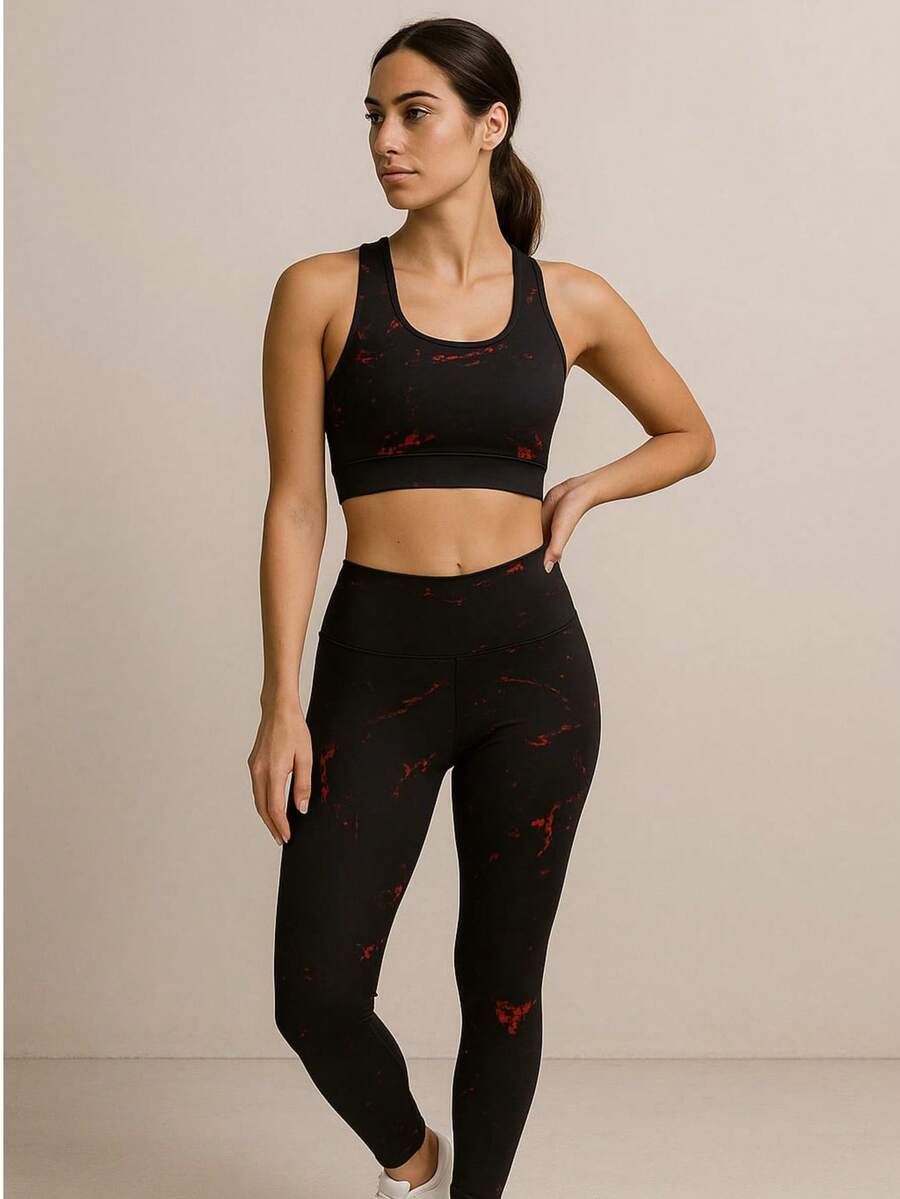 Women's Gym Set With Printed Leggings And Top - Black Red - View 1