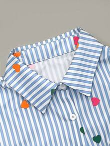 Women's Autumn/Winter Clothing, Striped Colorblock Digital Print Heart Pattern Long Sleeve Casual Shirt, Lapel Collar Button Front, Suitable For Everyday Casual Wear, Halloween, Christmas Undershirt - Blue - View 5