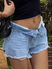 女式做旧下摆时尚口袋休闲牛仔短裤