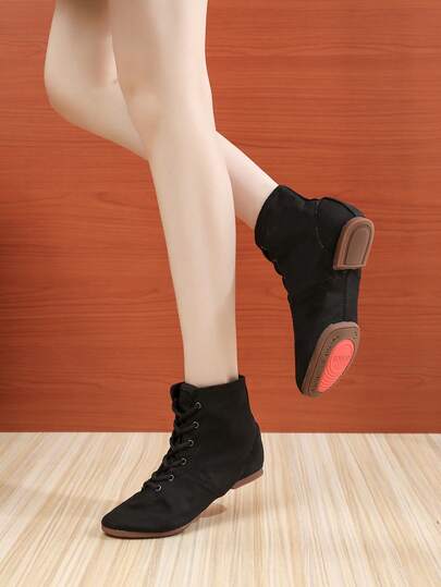 1厘米低跟女鞋，黑色，系带高帮户外运动鞋，橡胶外底，适合爵士舞、拉丁舞、表演、时尚防滑轻便舒适纯色中国风学院风布系舞鞋，适合室内外，春、秋、夏、冬