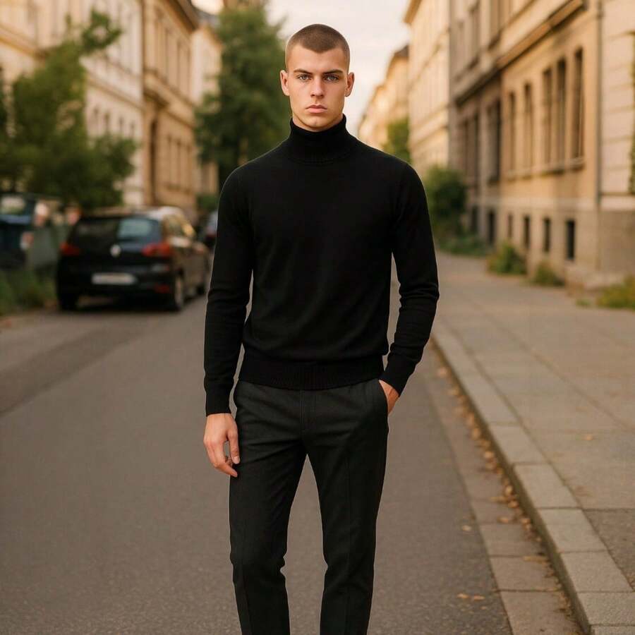 Cacharrel Men's Ribbed Wool Knit Blouse K765 - 黑色 - 查看 1