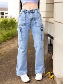 Jeans Amplios de Cargo de Cintura Media de Color Azul Claro para Mujer, Pantalones Modernos y Casuales - Azul - Ver 2