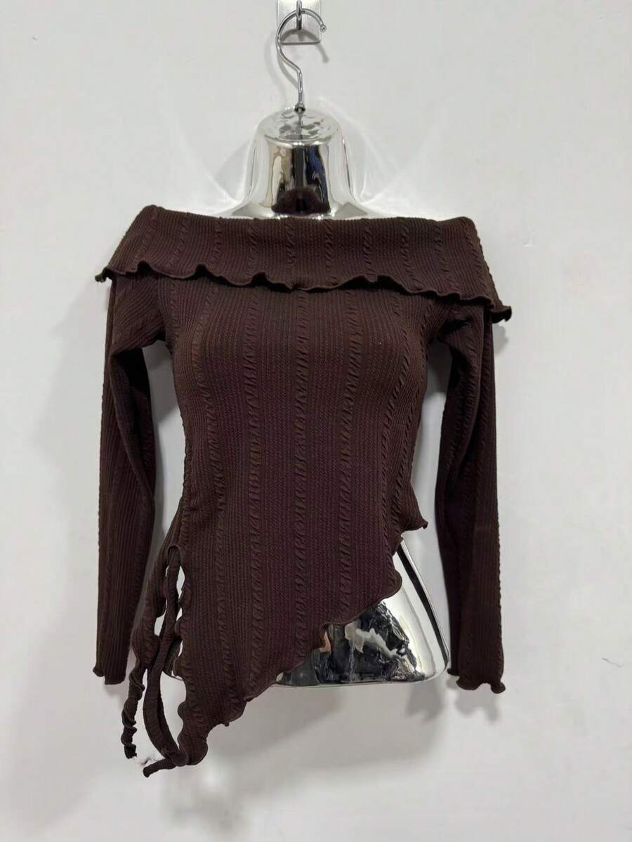 Women's Long Sleeve Off-The-Shoulder Blouse, One Size - 巧克力棕 - 查看 1