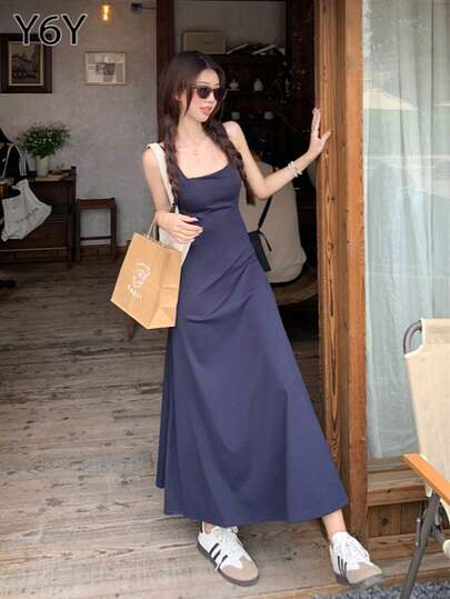  [Y6Y] 女士无袖方领A字连衣裙，春夏法式休闲优雅收腰长裙