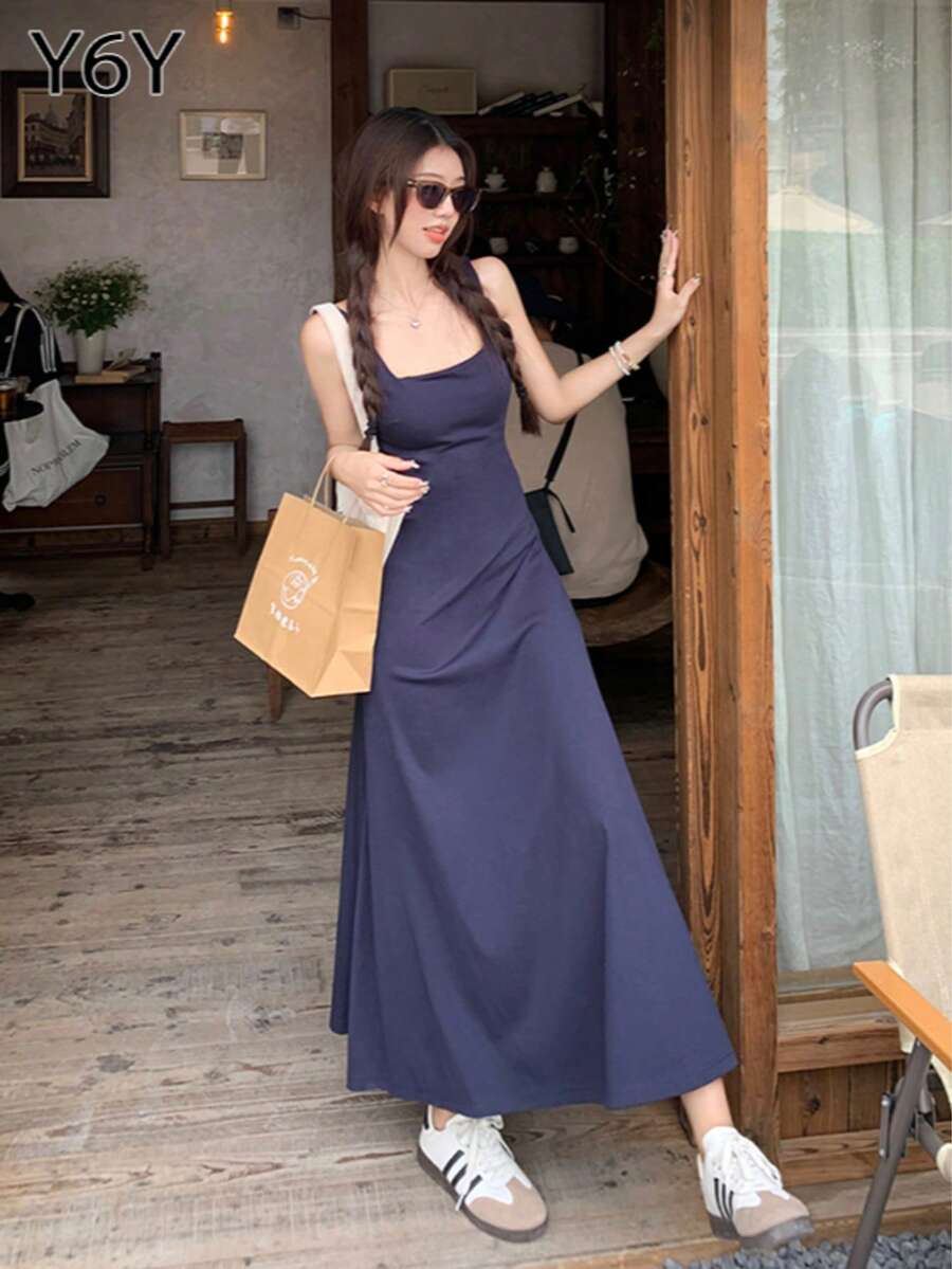 [Y6Y] 女士无袖方领A字连衣裙，春夏法式休闲优雅收腰长裙 - 藏蓝色 - 查看 1
