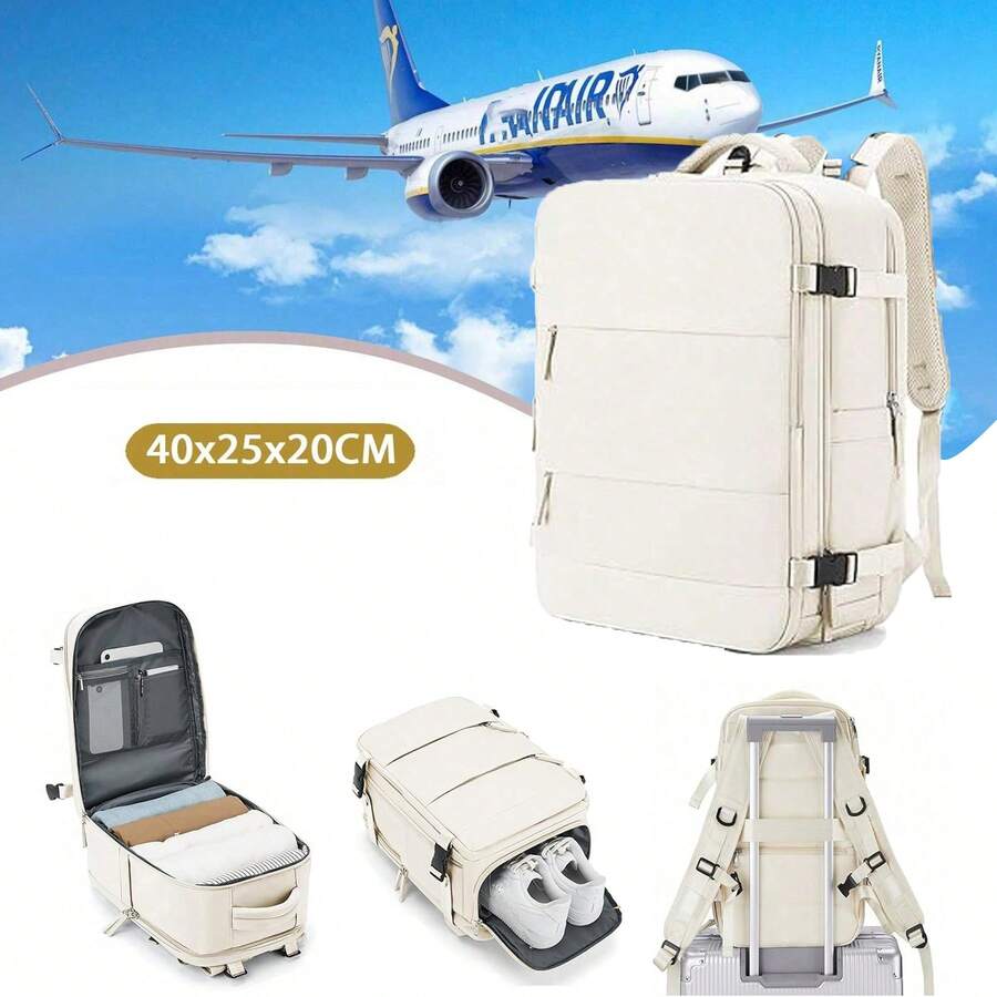 Balo du lịch Ryanair, Túi xách tay 40x20x25 có ngăn đựng giày, Ngăn đựng đồ ướt và khô, Túi xách tay dưới ghế, Túi hàng không, Balo du lịch nữ, Balo thường ngày được chứng nhận hàng không, Balo hành lý ngoài trời Túi công tác cuối tuần có đầu ra USB Balo du lịch chống thấm nước cho nam - Màu be - Xem 1