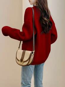Alicedudu 女士节日中国新年圣诞节红色纯色纽扣前落肩开衫 - 紅色 - 查看 2