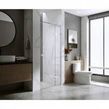 90cm Frameless Shower Screen With Black Brackets & Stainless Steel Hinges, Round Knob Handle - Wall To Wall Installation