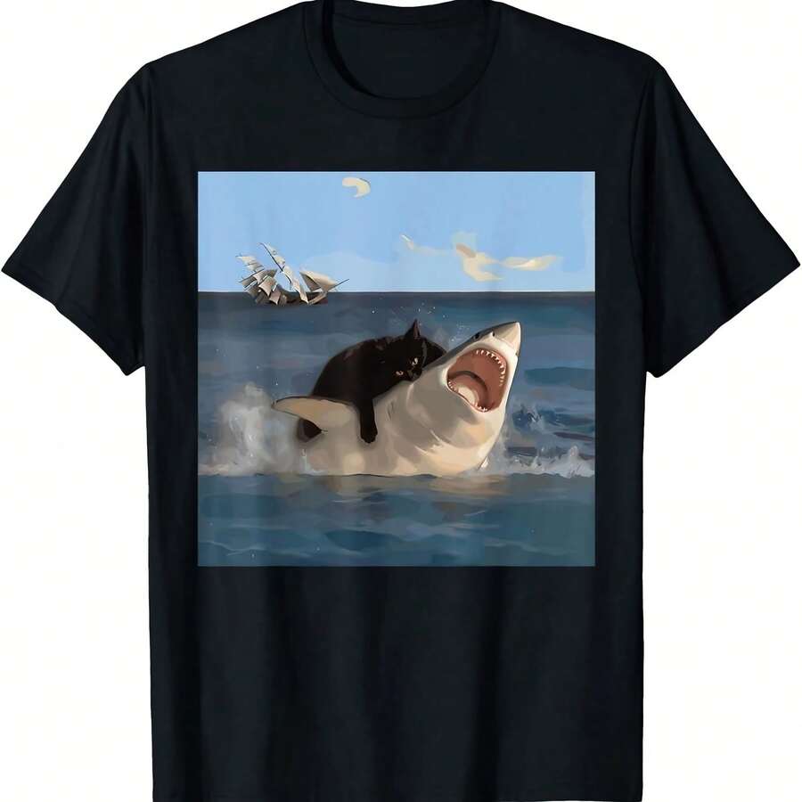 Cat Biting Shark Humorous Playful Funny Cat And Shark T-Shirt, Small, Black,100_ Pure Cotton Short Sleeved Shirt, Suitable For Summer, Loose Casual Round Neck, Men's Letter Printed T-ShirtPerfect Gift For Loved Ones, , And Family Tops For Wo Vintagecotton Manfinity Ropa De Hombre Clog S Camias De Hombre Matching Outfits For Couples 's Couple Matching Clothes Vintage Shirts Sumwon Streetwear Sumwon Hombre Dmanfinity Romwe Summer Clothes Horror Y2k Anime Shirt Graphic S Streetwear Cistian Clothes Funny T Shirts Band S Beer Shirt Dad - màu đen - Xem 1