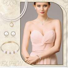 Glenmal Pearl Rhinestone Jewelry Set For Women Pearl Necklace Bracelet Earrings For Wedding Birthday Bridal Shower Tea Party - Delicate Style - 查看 6