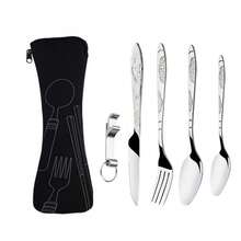 新款不锈钢便携式餐具套装，5件套，幸运星设计，户外旅行露营刀叉勺小勺礼盒套装，304不锈钢吉祥花卉5件套，含开罐器、开瓶器、西式牛排刀叉勺、创意收纳袋，户外便携套装 - 彩色 - 查看 12