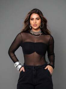 Women's Tulle Bodysuit - Black - View 1
