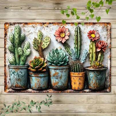 1pc Succulent Plant Metal Sign, Vintage Floral Wall Art, Rustic Garden Decor, Perfect For Living Room, Kitchen, Garden, Or Office, High-Quality Durable Metal, Nature-Inspired Art, Plant Lover Gift, Boho Decor, Farmhouse Garden Art