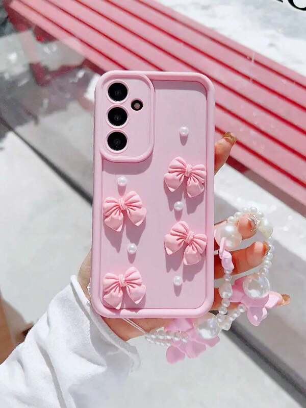 1pc Pink Bow Pearl Decor Anti-Drop Mobile Phone Case, Compatible With IPhone/ Galaxy