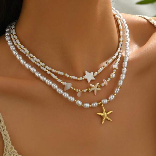 1pc Lightweight Boho Beaded Starfish Pearl Necklace, Jewelry Summer Vacation Accessory