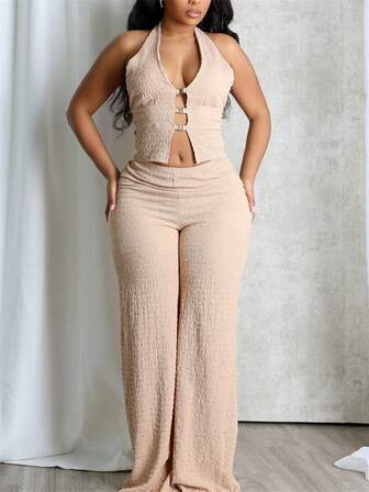 Conjunto de 2 piezas de verano de unicolor ajustado, top corto con espalda descubierta y recorte y pantalones elásticos que levantan el trasero, conjunto de estilo Y2K