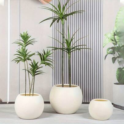 Large Bohemian Style Round Plastic Planter Pot With Floral Pattern - Rust-Resistant, Artificial Rock Design For Indoor & Outdoor Plant Decor - Black Or Beige Options, Floor Standing Style For Easy Plant Maintenance, Bohemian Home Decor | Floral Pattern Pot | Floorstanding Plante
