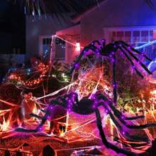 8pcs Halloween Glow-In-The-Dark Fluffy Spider, Outdoor Decorations Hanging Web Spiders, Spooky Purple Glowing Realistic Insect Prank Home Decor Halloween Decor Fall Decor Room Decor